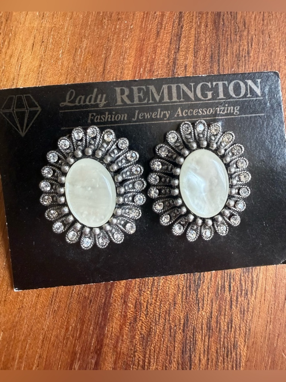 Lady Remington Silver-Tone Earrings with Pearl-White Ovals Rhinestones